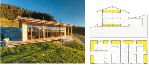 Questo edifico dall’estetica modernissima, realizzato dall’Atelier Werner Schmidt in Svizzera, ha struttura portante in jumbo balle di paglia, disposte a forma di U e pannelli in legno multistrato a strati incrociati. Come si vede dai disegni sia il pavimento del piano terra sia il soffitto dell’ultimo piano sono coibentati con paglia in balle di elevato spessore per un notevole isolamento termico. http://archieco.eu/?p=269